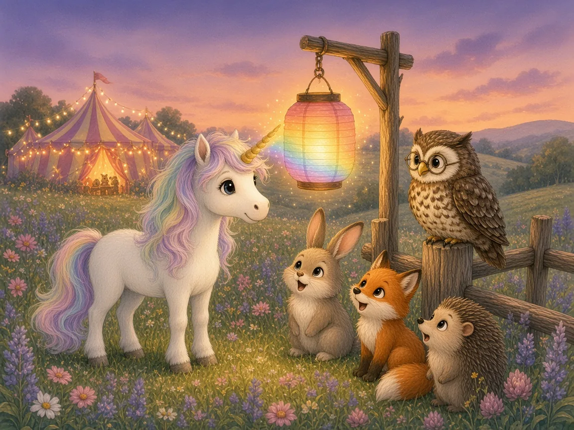 Sunny, the Unicorn Who Was Always Late: sunny touching her brightly glowing horn to a paper lantern which lights up, animals watching in wonder at dusk
