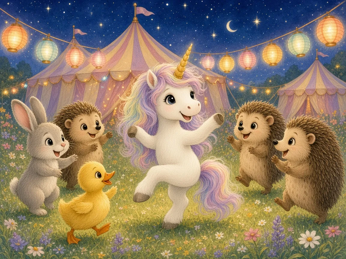 Sunny, the Unicorn Who Was Always Late: a joyful fair at night glowing with rainbow-coloured lanterns, Sunny dancing with a rabbit, a duckling and hedgehogs