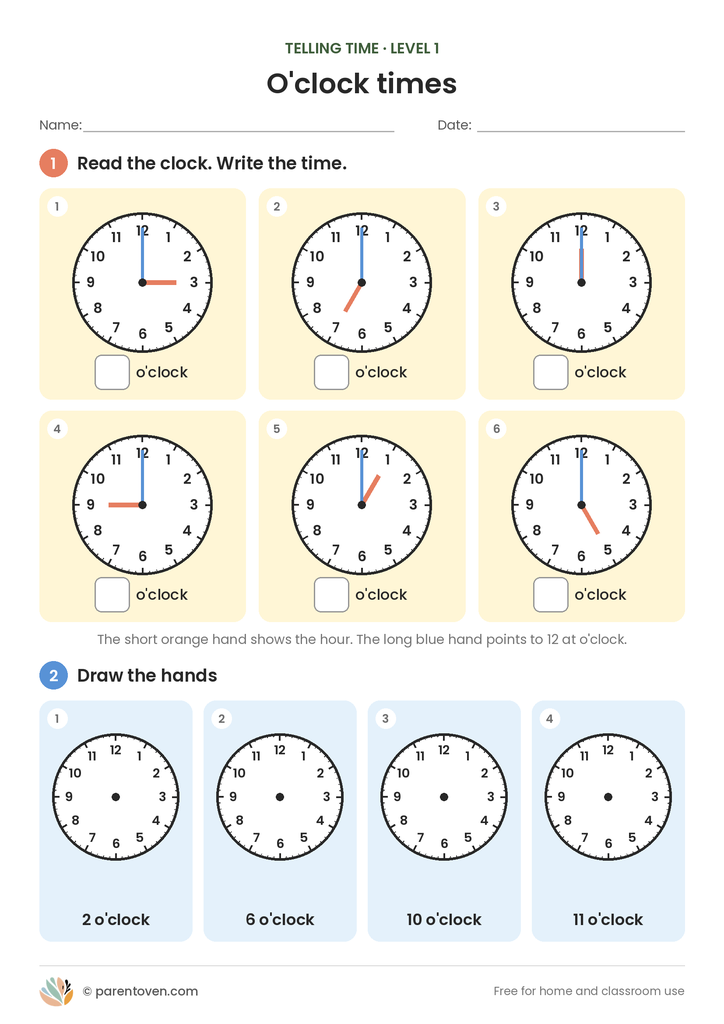 Telling Time: O’clock and Half Past worksheet level 1: six o’clock clocks to read and write, plus four blank clock faces where children draw the hands for times such as 2 o’clock
