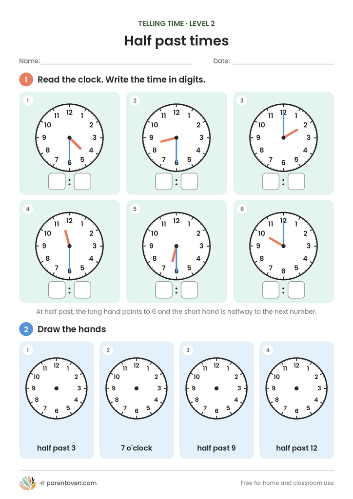 Telling Time: O’clock and Half Past worksheet level 2: six clocks showing half past or o’clock times to write in digits, such as 4:30, and four blank clocks to draw half past times
