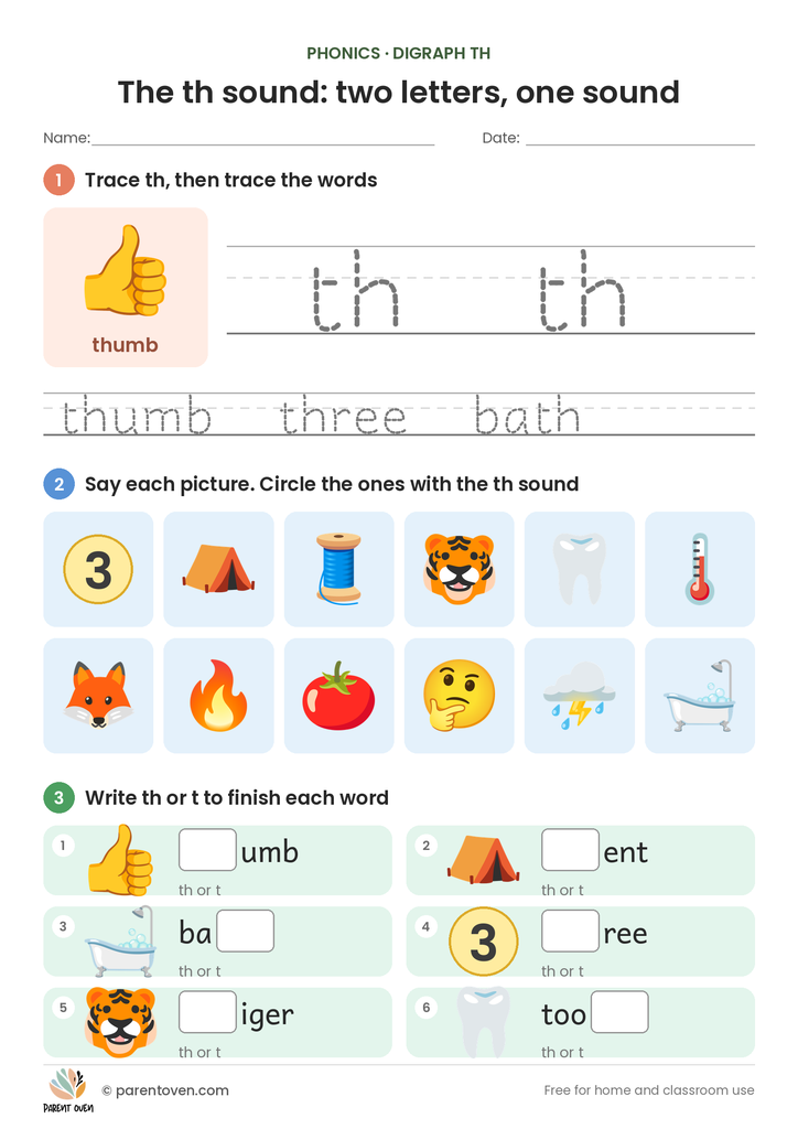 th digraph worksheet: trace th, circle th pictures and finish words with th