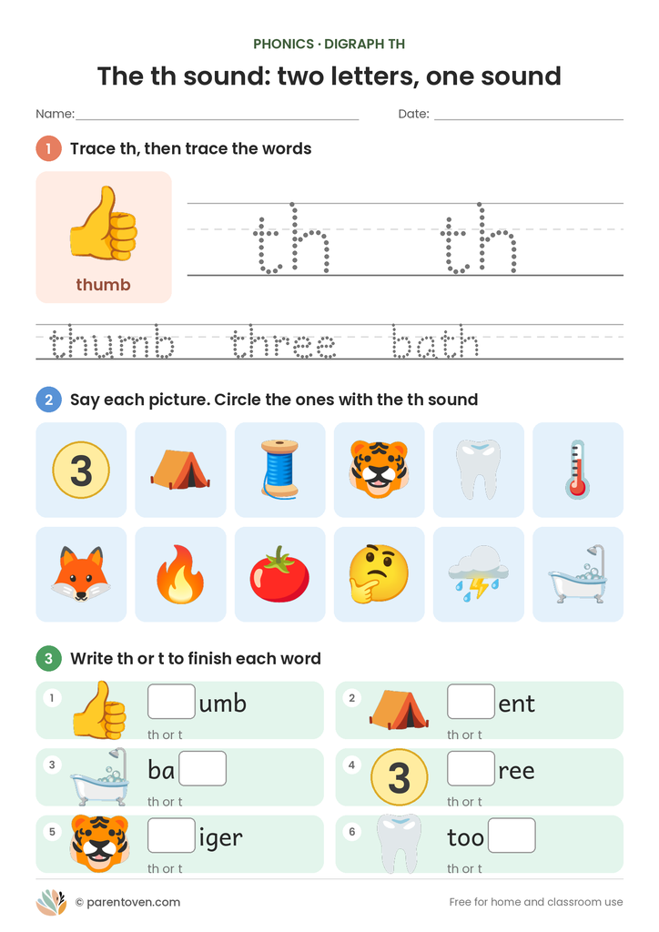 th digraph worksheet page 1: trace th and th words, circle pictures with the th sound, and finish words with th or t