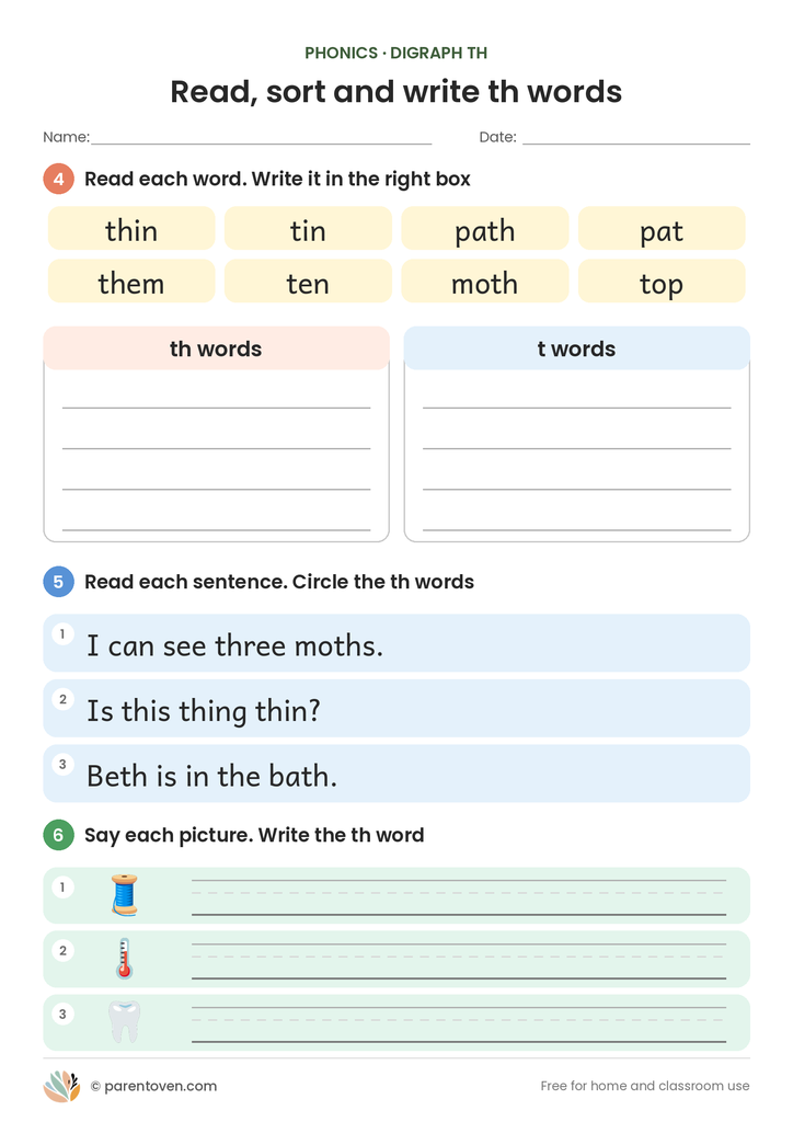 th digraph worksheet page 2: sort words, read sentences and circle the th words, and write th words