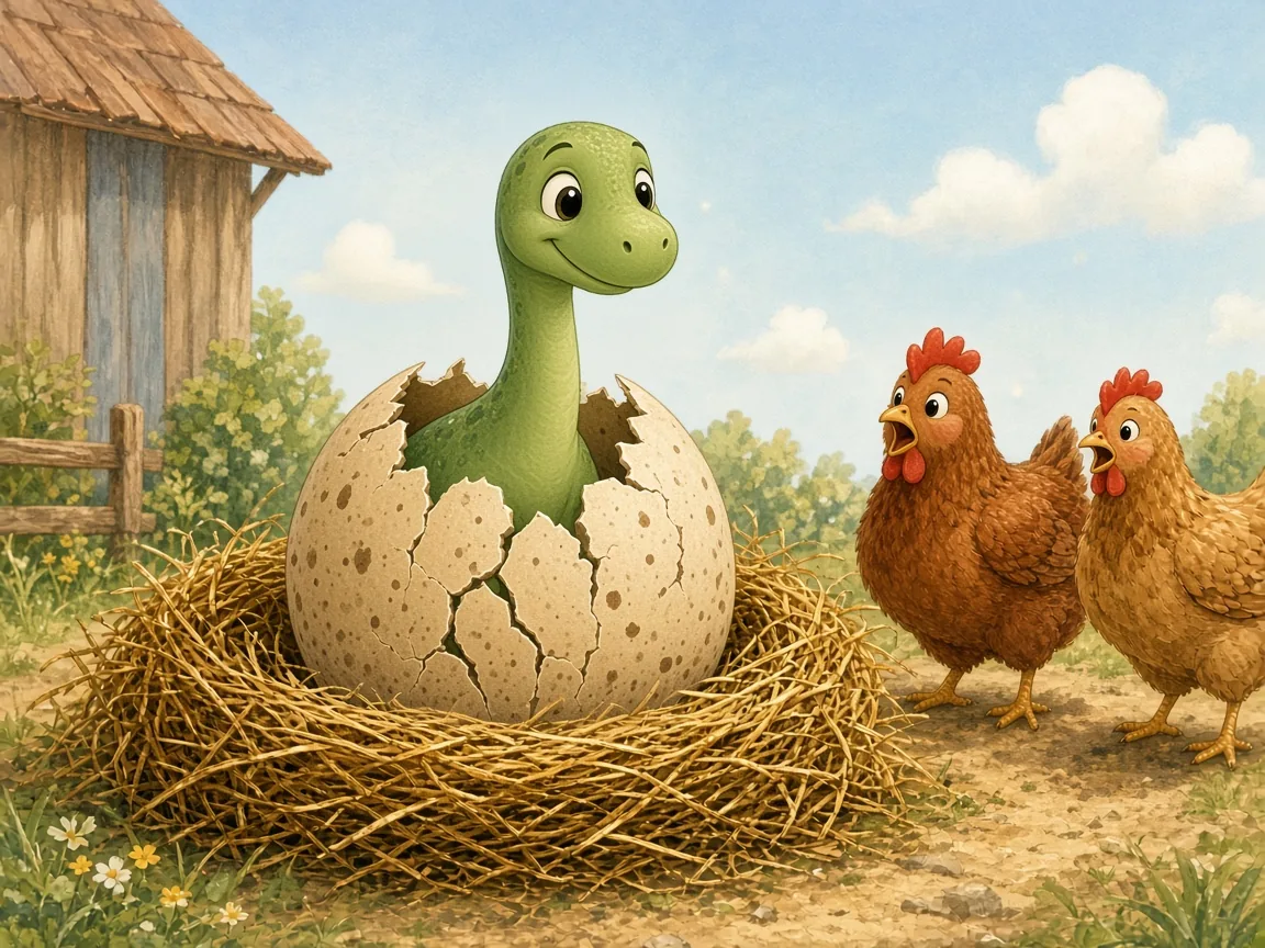 The Dinosaur Egg Mix-Up: the speckled egg cracking open and baby Pebble poking his long neck out, blinking, Hattie amazed