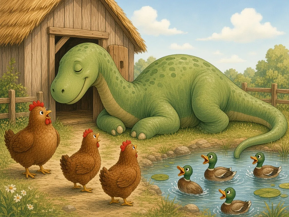 The Dinosaur Egg Mix-Up: a much bigger Pebble lying in the farmyard with his head poking into a small wooden henhouse and his tail in a duck pond, hens around him, funny scene