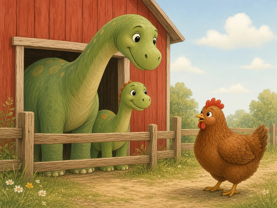 The Dinosaur Egg Mix-Up: a huge gentle long-necked mother dinosaur looking over the farm fence with kind eyes, Pebble peeking out from behind the barn, Hattie standing bravely in front