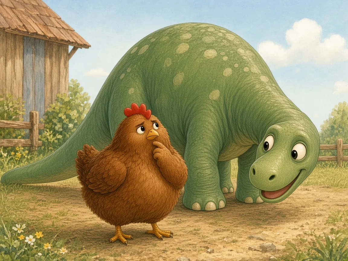 The Dinosaur Egg Mix-Up: big Pebble trying and failing to hide behind tiny Hattie the hen, funny