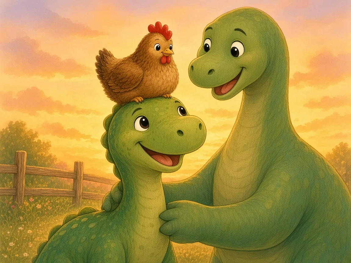 The Dinosaur Egg Mix-Up: pebble, his huge mama and Hattie the hen together by the farm fence at sunset, all smiling