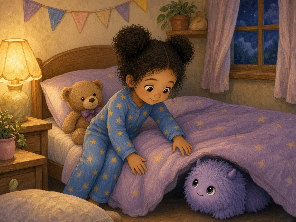 The Monster Who Was Scared of the Dark: mopsy shyly peeking out from under the bed while Zara leans over the edge to look