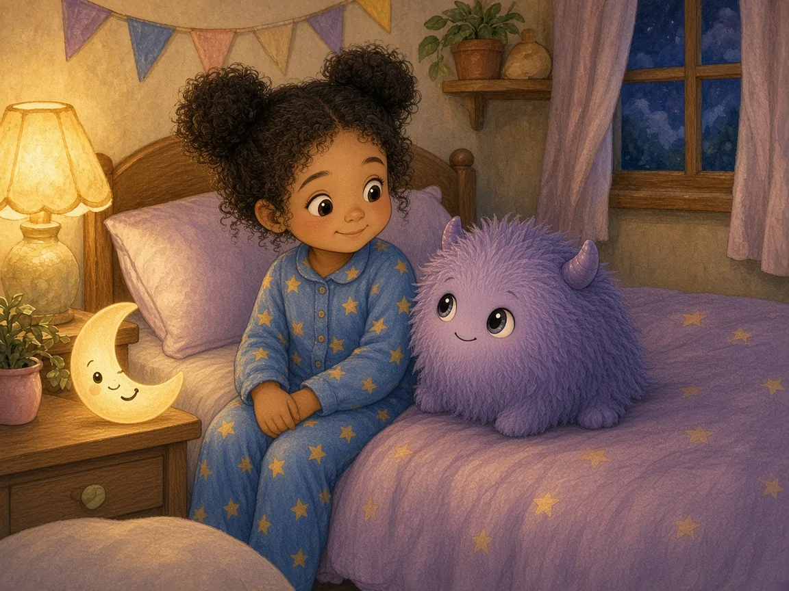 The Monster Who Was Scared of the Dark: zara and Mopsy sitting on the bed gazing at a glowing moon-shaped night-light