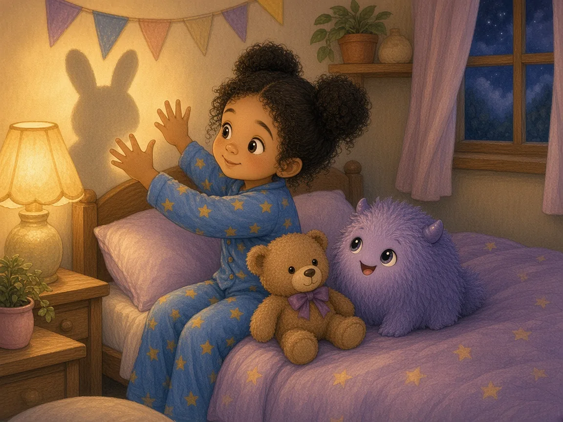 The Monster Who Was Scared of the Dark: zara making a bunny hand-shadow on the bedroom wall while Mopsy giggles