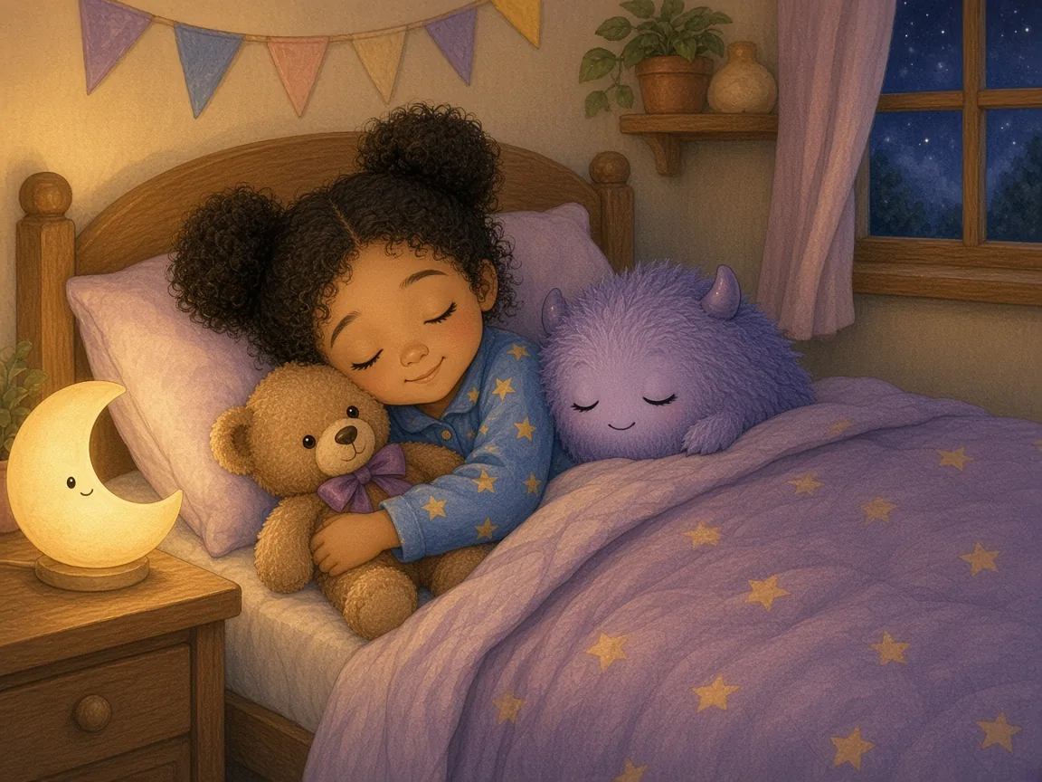 The Monster Who Was Scared of the Dark: zara asleep in bed cuddling her teddy, Mopsy snuggled up beside her, warm night-light glow