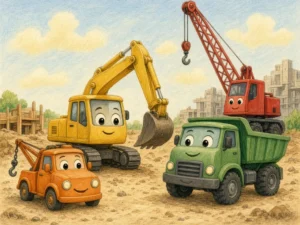 Tilly the Tiny Tow Truck: tilly, small and smiling, at a sunny building site beside the much bigger yellow digger, green dump truck and red crane