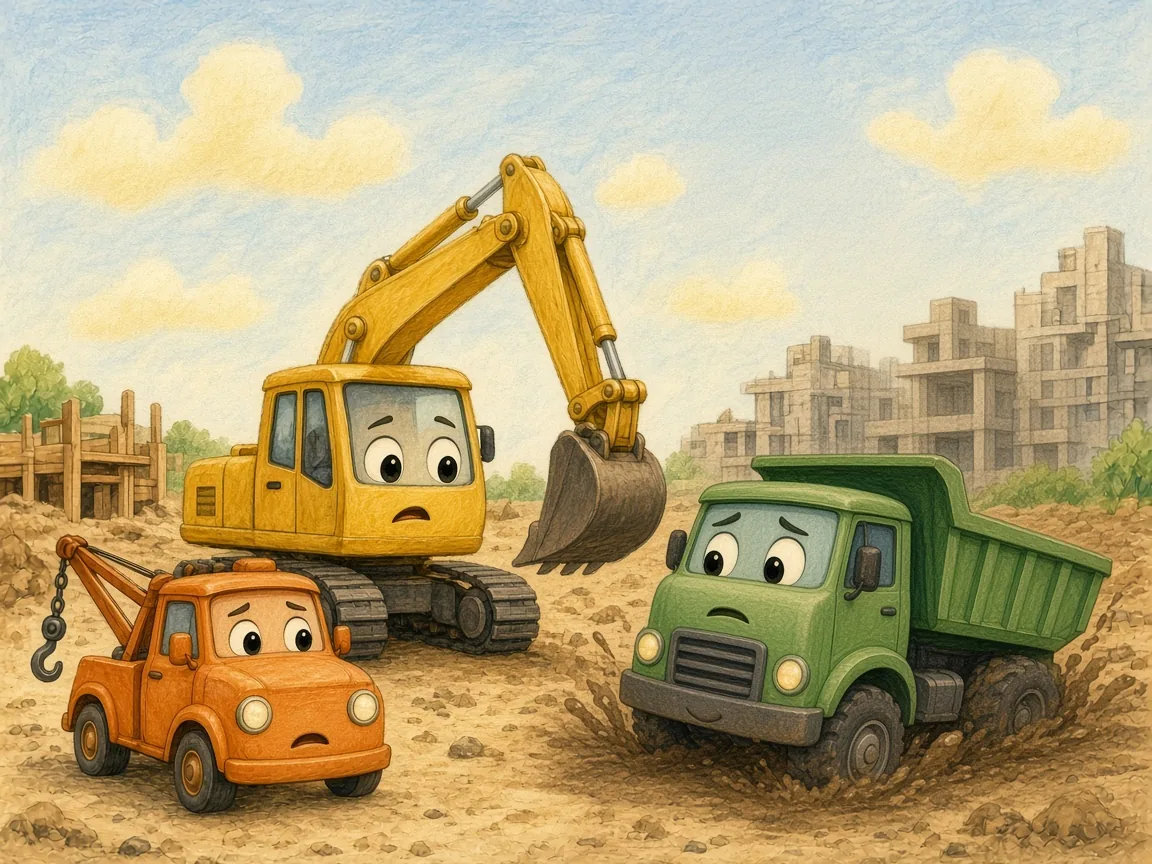 Tilly the Tiny Tow Truck: the green dump truck tipped slightly with one back wheel stuck in a muddy ditch, looking worried, the digger and Tilly looking on