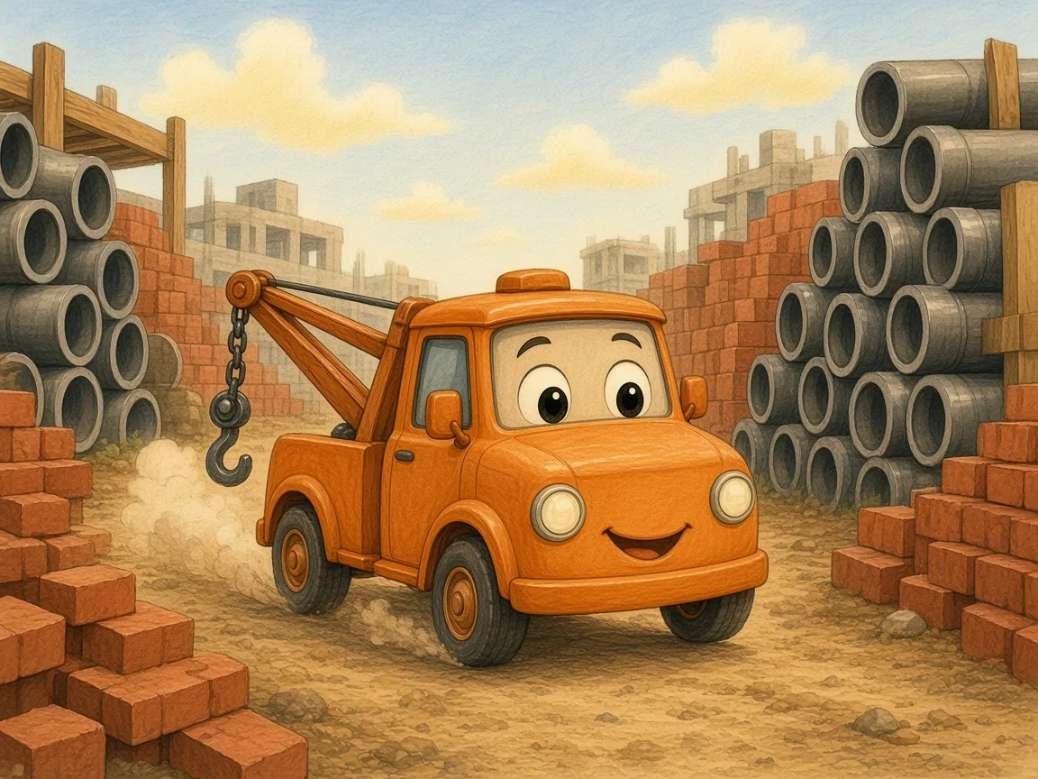 Tilly the Tiny Tow Truck: tilly zooming along a narrow path between stacks of pipes and bricks where big trucks cannot fit
