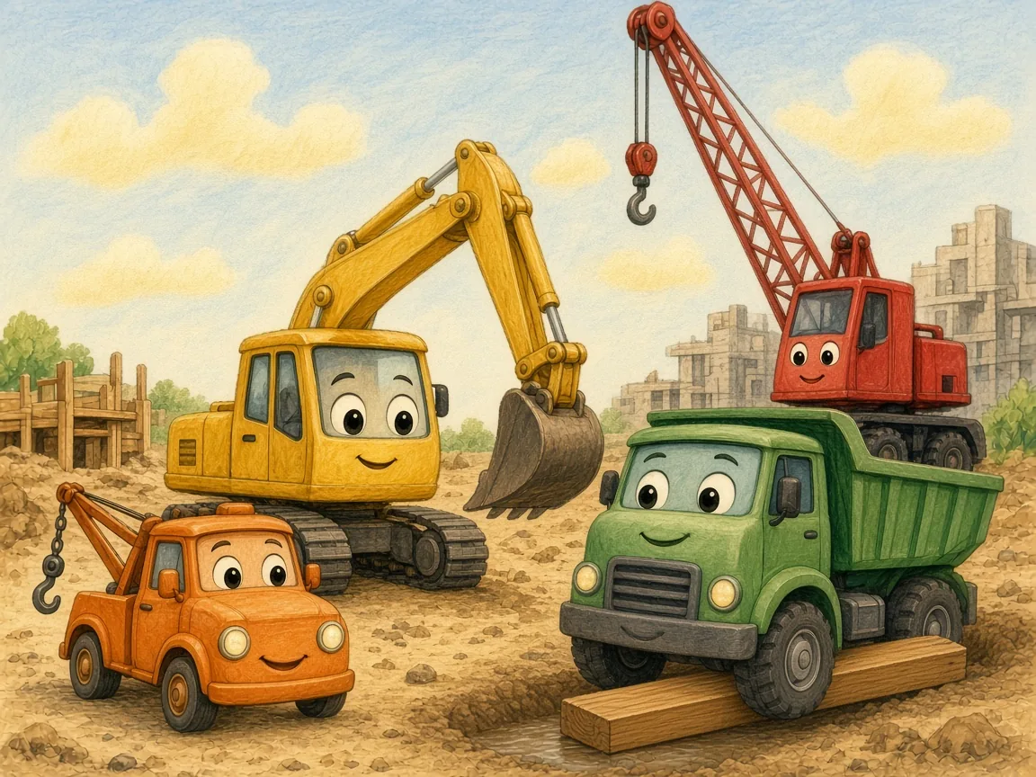 Tilly the Tiny Tow Truck: the red crane gently lowering a long wooden plank into the muddy ditch under the dump truck wheel while Tilly watches