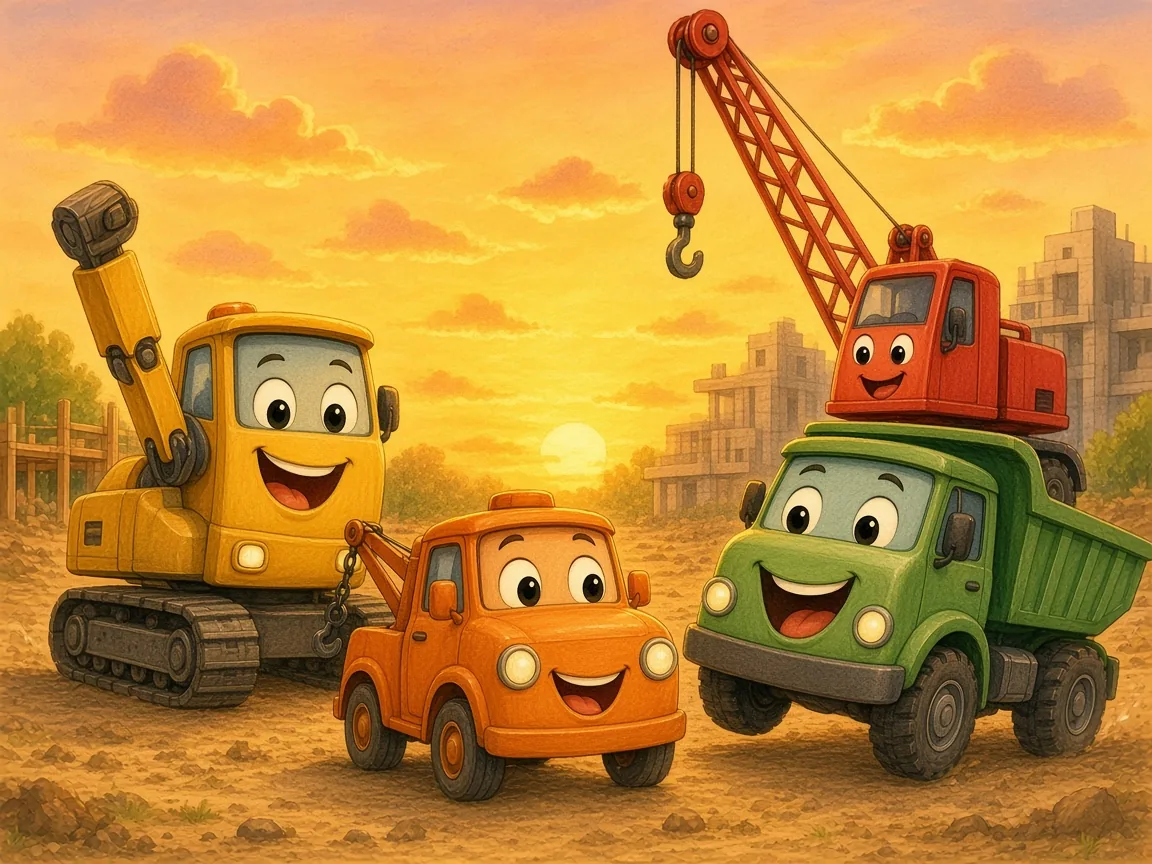 Tilly the Tiny Tow Truck: all the big trucks cheering around little Tilly at the building site at sunset