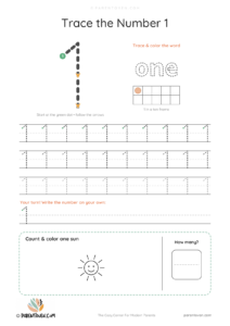 Number 1 tracing worksheet with a big dashed 1, stroke-order arrows and start dot, the word "one" to trace, a ten frame, tracing rows and 1 sun to count and color