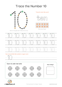 Number 10 tracing worksheet with a big dashed 10, stroke-order arrows and start dot, the word "ten" to trace, a ten frame, tracing rows and 10 balls to count and color