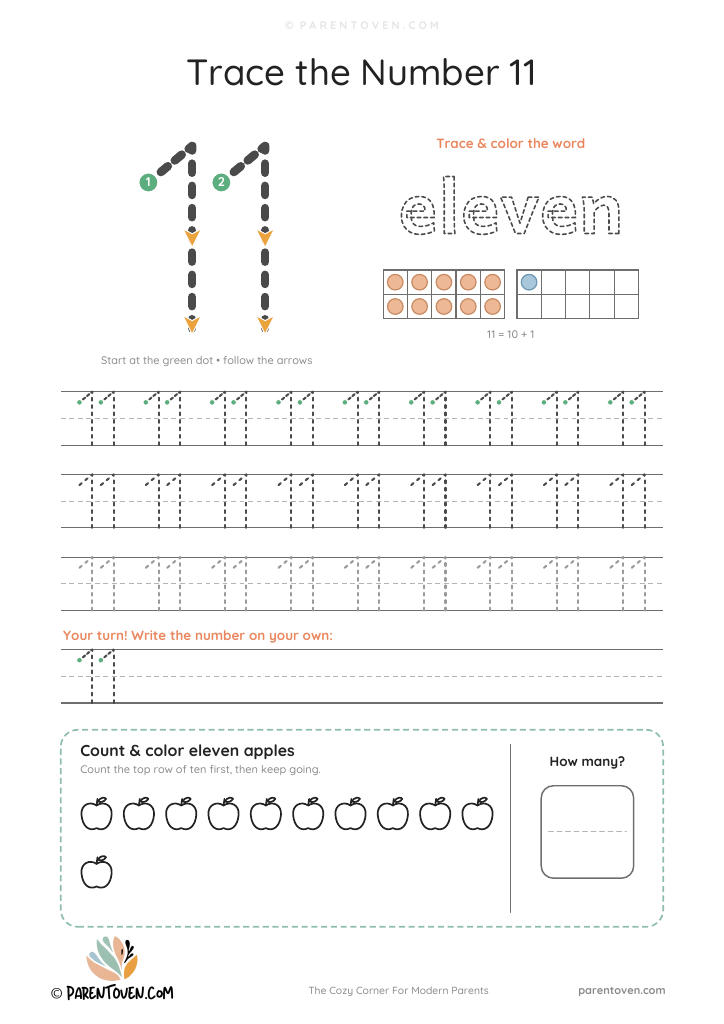 Number 11 tracing worksheet: trace 11 with stroke arrows, trace the word eleven, two ten frames showing 11, tracing rows and 11 apples to count