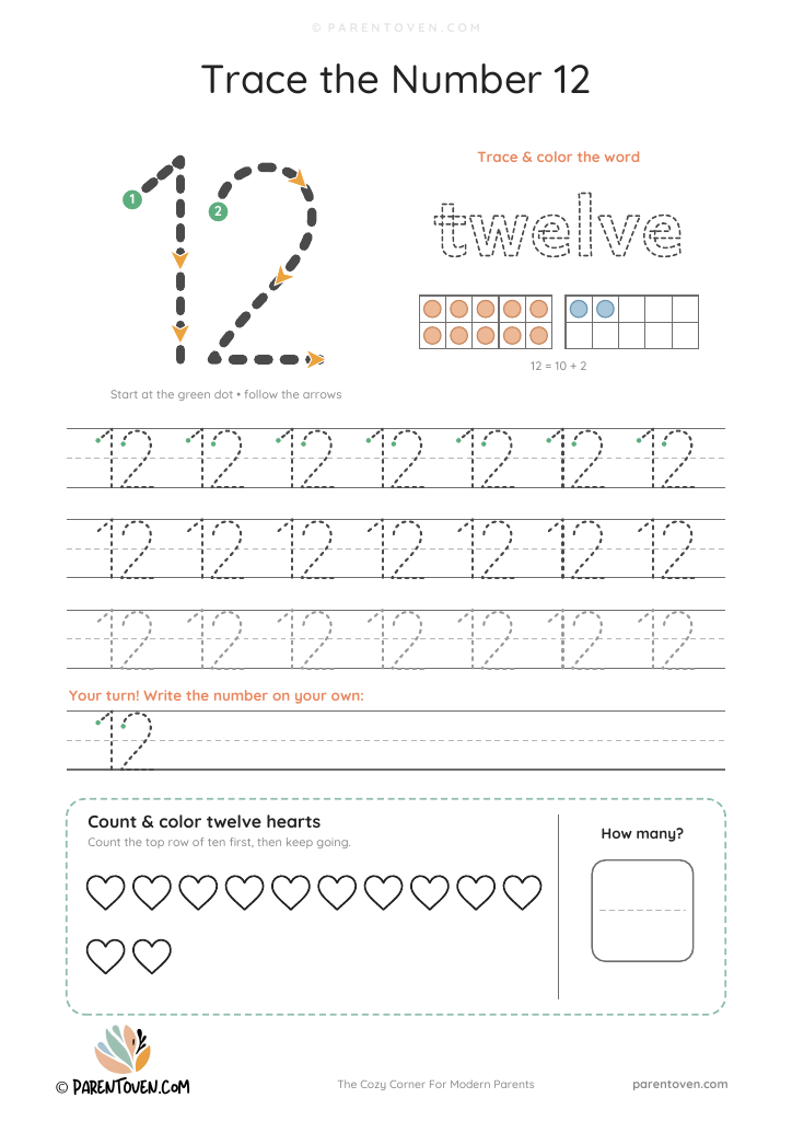 Number 12 tracing worksheet: trace 12 with stroke arrows, trace the word twelve, two ten frames showing 12, tracing rows and 12 hearts to count