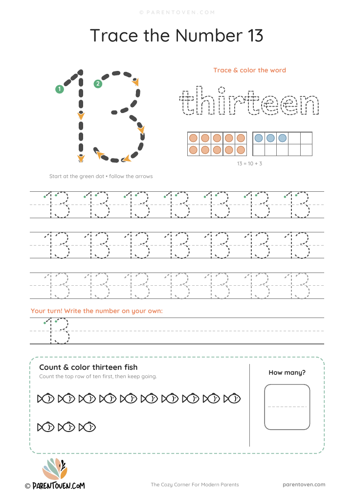 Number 13 tracing worksheet: trace 13 with stroke arrows, trace the word thirteen, two ten frames showing 13, tracing rows and 13 fish to count