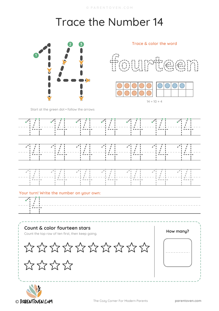 Number 14 tracing worksheet: trace 14 with stroke arrows, trace the word fourteen, two ten frames showing 14, tracing rows and 14 stars to count
