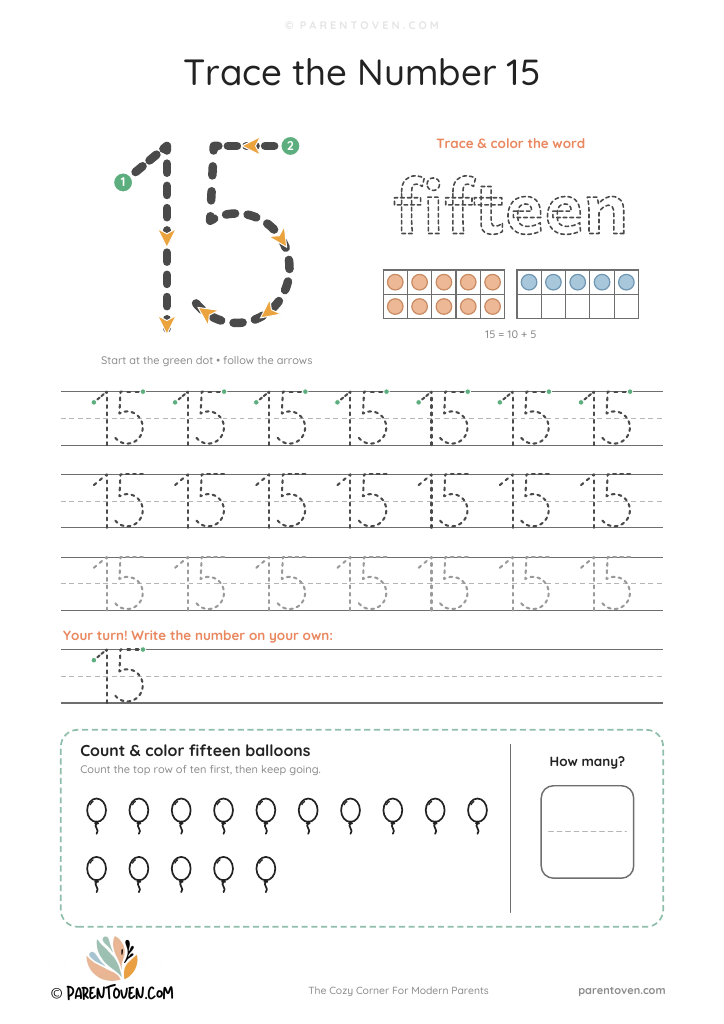 Number 15 tracing worksheet: trace 15 with stroke arrows, trace the word fifteen, two ten frames showing 15, tracing rows and 15 balloons to count
