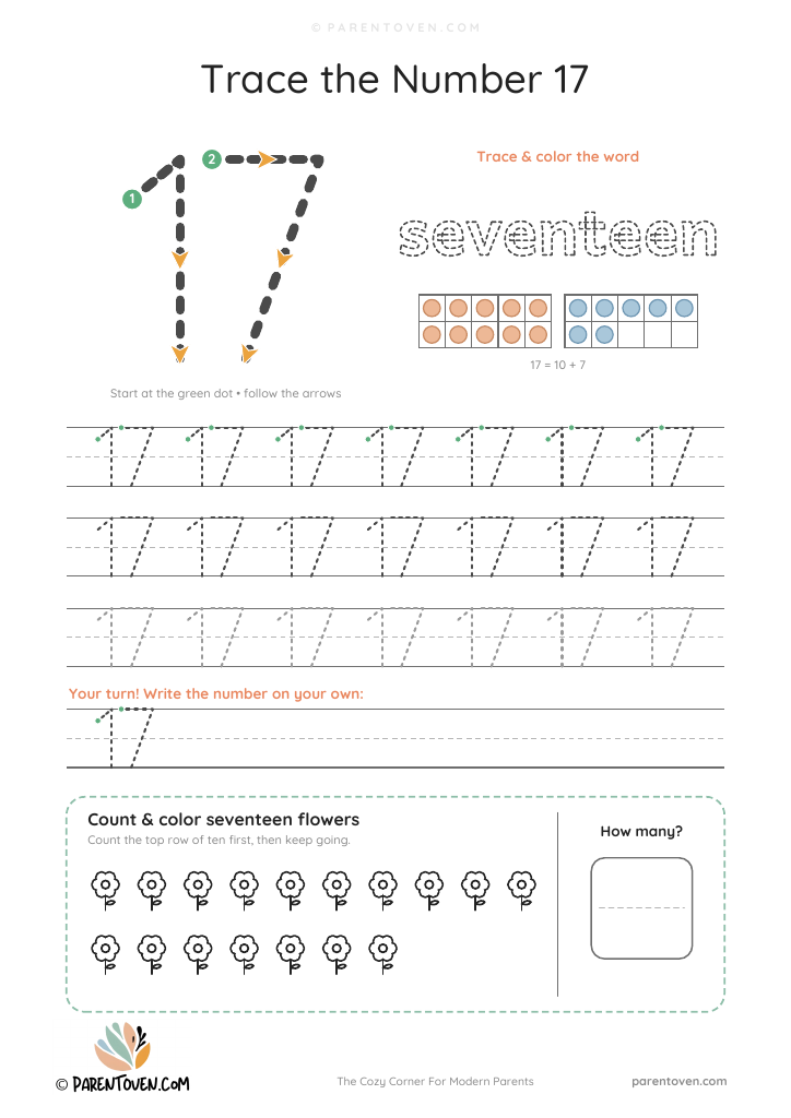 Number 17 tracing worksheet: trace 17 with stroke arrows, trace the word seventeen, two ten frames showing 17, tracing rows and 17 flowers to count