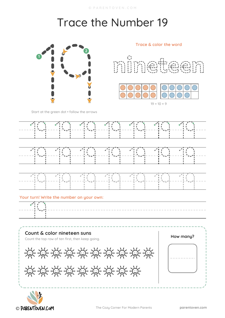 Number 19 tracing worksheet: trace 19 with stroke arrows, trace the word nineteen, two ten frames showing 19, tracing rows and 19 suns to count
