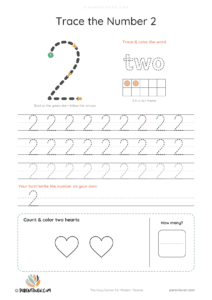 Number 2 tracing worksheet with a big dashed 2, stroke-order arrows and start dot, the word "two" to trace, a ten frame, tracing rows and 2 hearts to count and color
