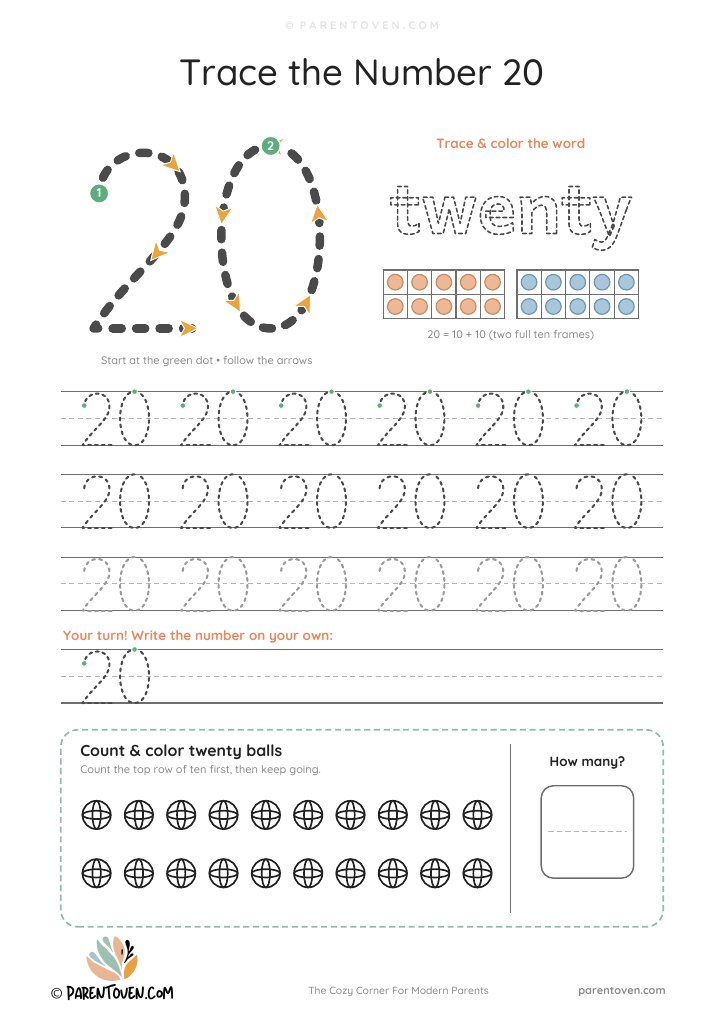 Number 20 tracing worksheet: trace 20 with stroke arrows, trace the word twenty, two ten frames showing 20, tracing rows and 20 balls to count