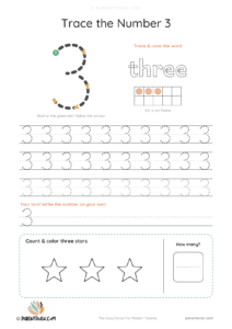 Number 3 tracing worksheet with a big dashed 3, stroke-order arrows and start dot, the word "three" to trace, a ten frame, tracing rows and 3 stars to count and color