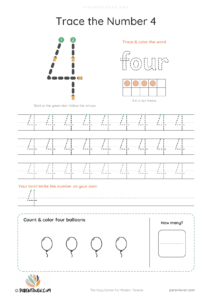 Number 4 tracing worksheet with a big dashed 4, stroke-order arrows and start dot, the word "four" to trace, a ten frame, tracing rows and 4 balloons to count and color