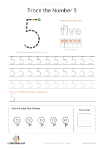 Number 5 tracing worksheet with a big dashed 5, stroke-order arrows and start dot, the word "five" to trace, a ten frame, tracing rows and 5 flowers to count and color