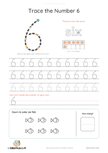 Number 6 tracing worksheet with a big dashed 6, stroke-order arrows and start dot, the word "six" to trace, a ten frame, tracing rows and 6 fish to count and color