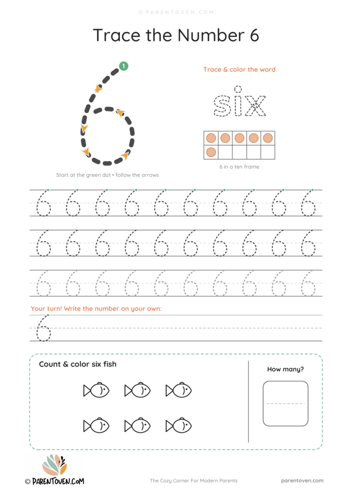 Number 6 tracing worksheet with a big dashed 6, stroke-order arrows and start dot, the word "six" to trace, a ten frame, tracing rows and 6 fish to count and color