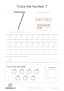 Number 7 tracing worksheet with a big dashed 7, stroke-order arrows and start dot, the word "seven" to trace, a ten frame, tracing rows and 7 apples to count and color