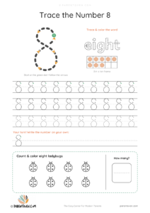 Number 8 tracing worksheet with a big dashed 8, stroke-order arrows and start dot, the word "eight" to trace, a ten frame, tracing rows and 8 ladybugs to count and color