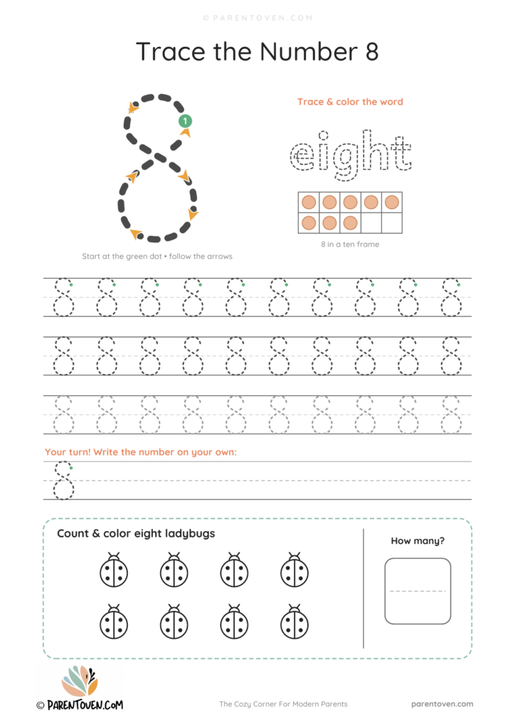 Number 8 tracing worksheet with a big dashed 8, stroke-order arrows and start dot, the word "eight" to trace, a ten frame, tracing rows and 8 ladybugs to count and color