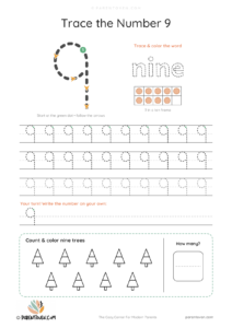Number 9 tracing worksheet with a big dashed 9, stroke-order arrows and start dot, the word "nine" to trace, a ten frame, tracing rows and 9 trees to count and color