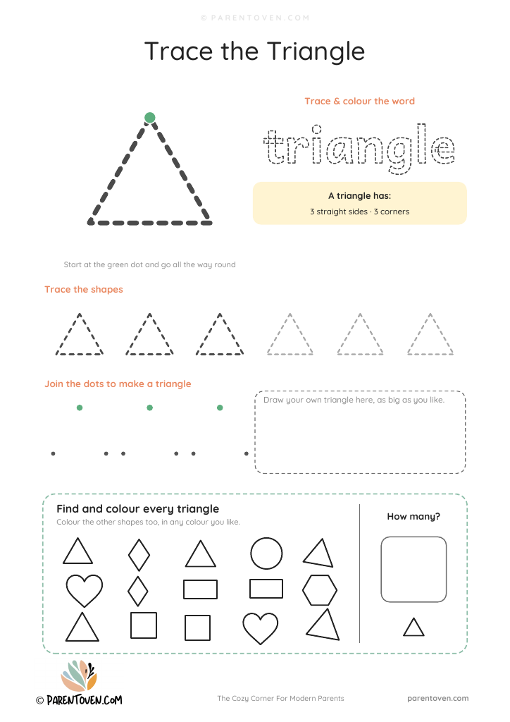 Triangle shape worksheet: trace a big triangle and the word triangle, trace a row of shapes, join the dots, draw your own and find every triangle