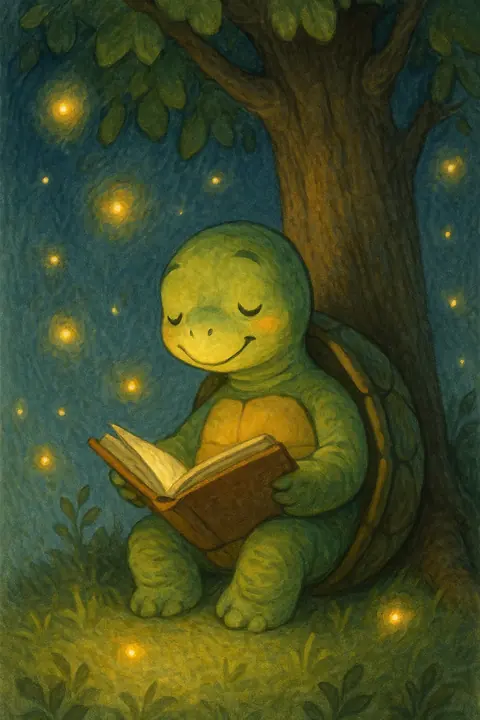 Illustration of a smiling turtle reading a book under a tree at night