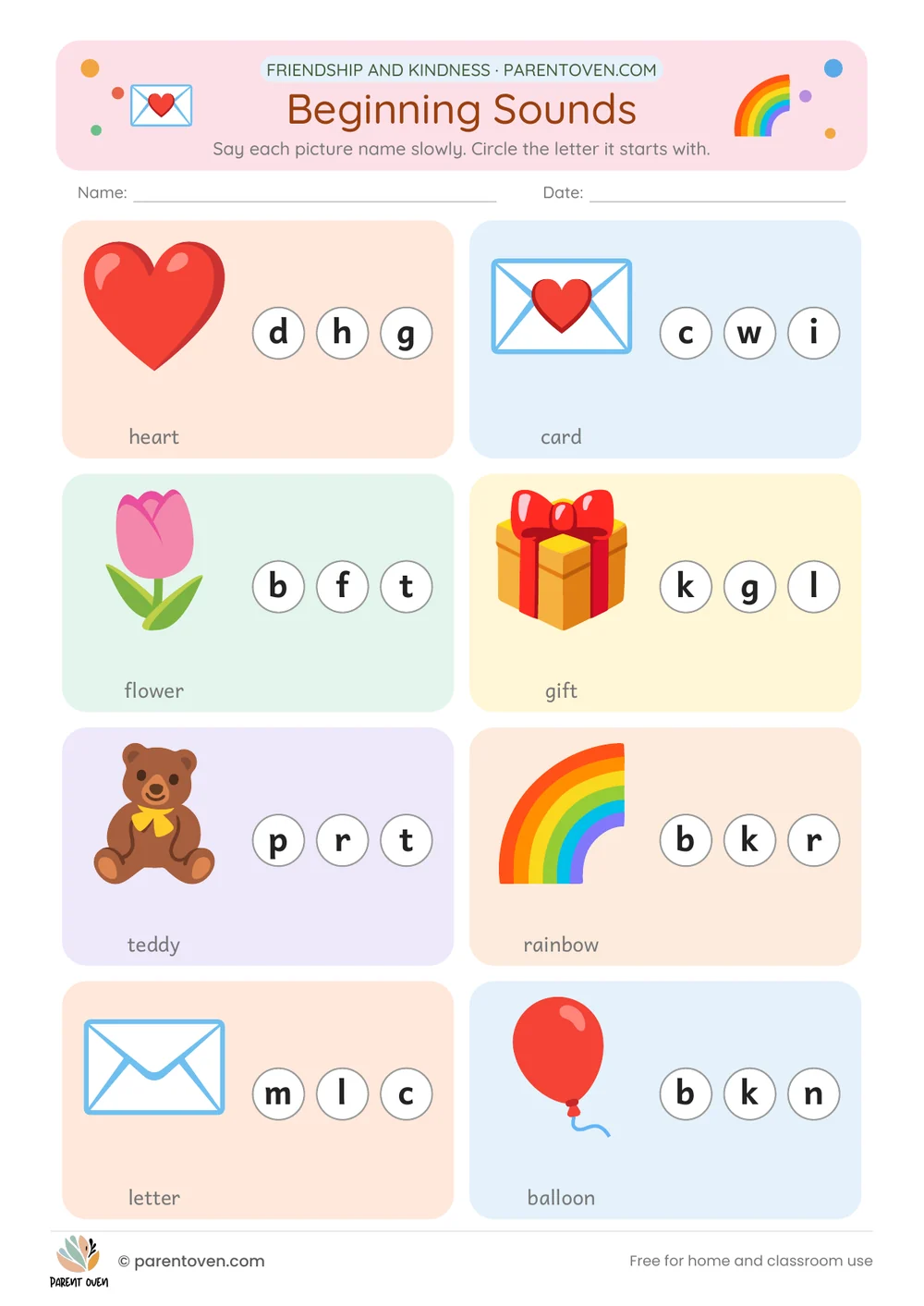 Printable Valentine’s Day worksheet: Friendship beginning sounds