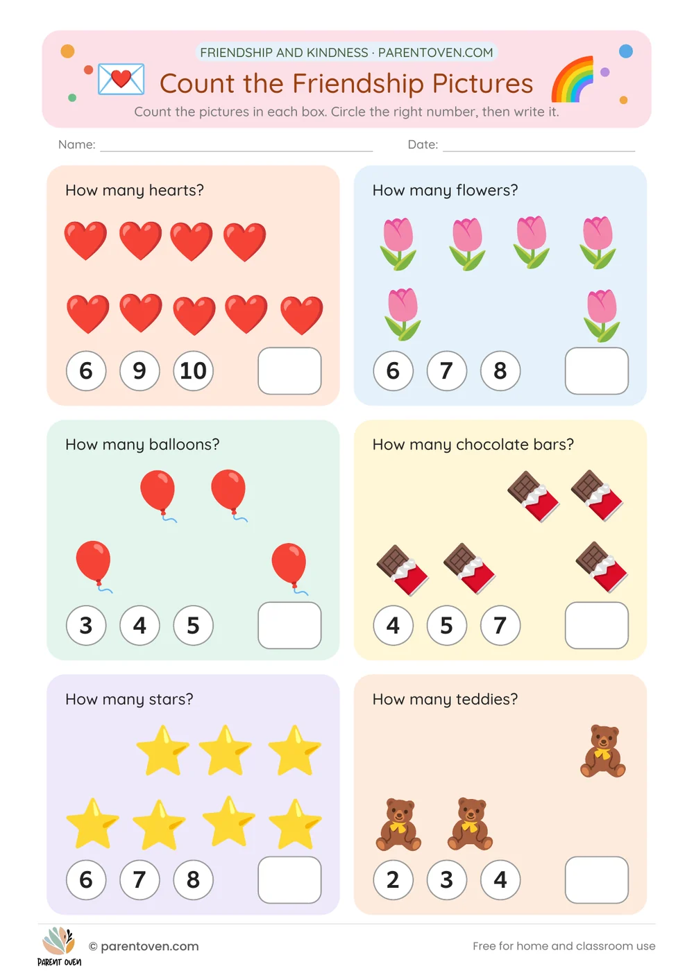 Printable Valentine’s Day worksheet: Count the friendship pictures