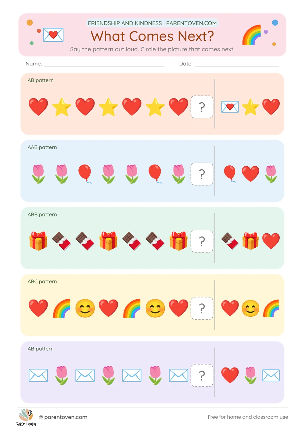 Printable Valentine’s Day worksheet: Friendship patterns