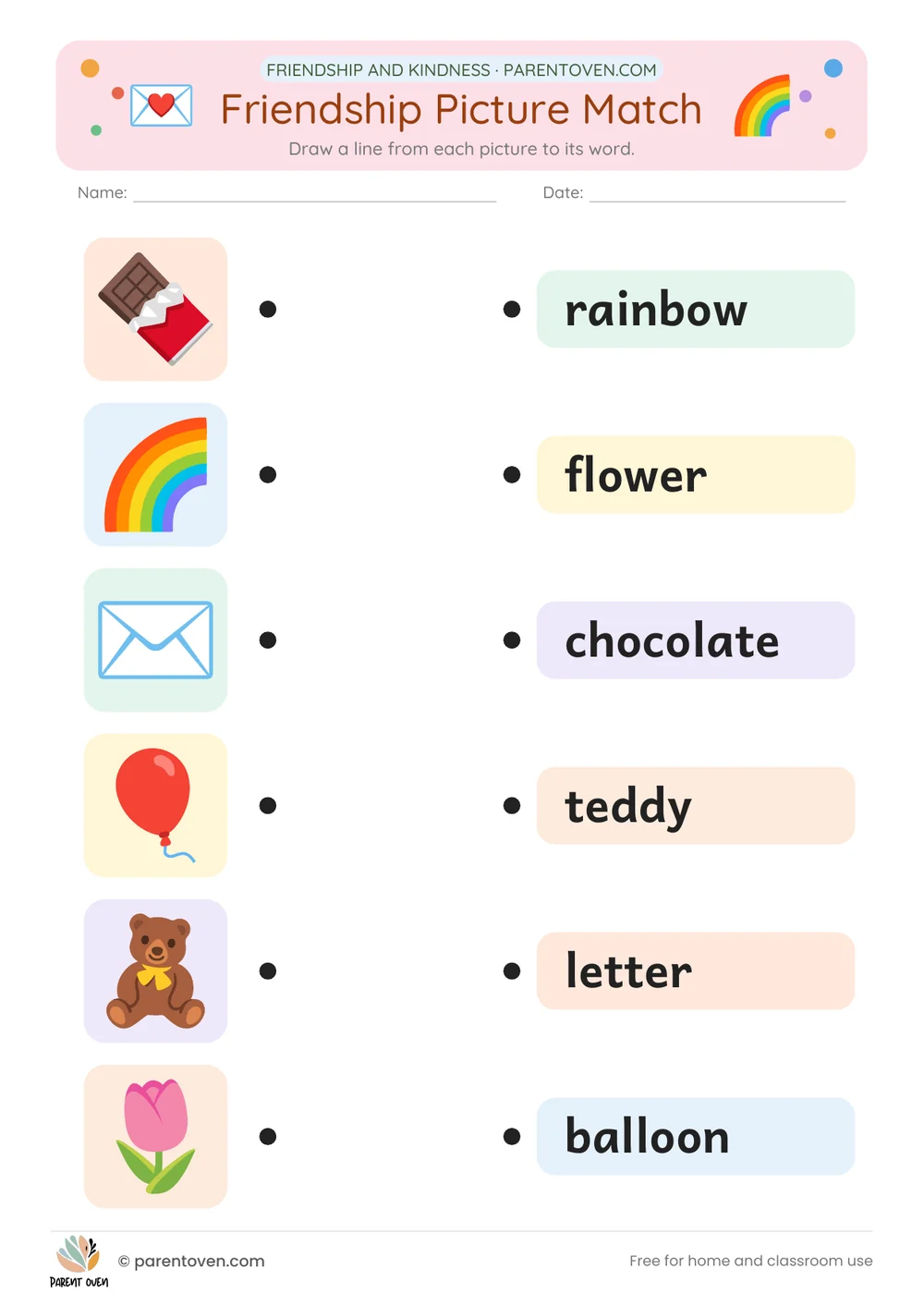 Printable Valentine’s Day worksheet: Friendship picture match