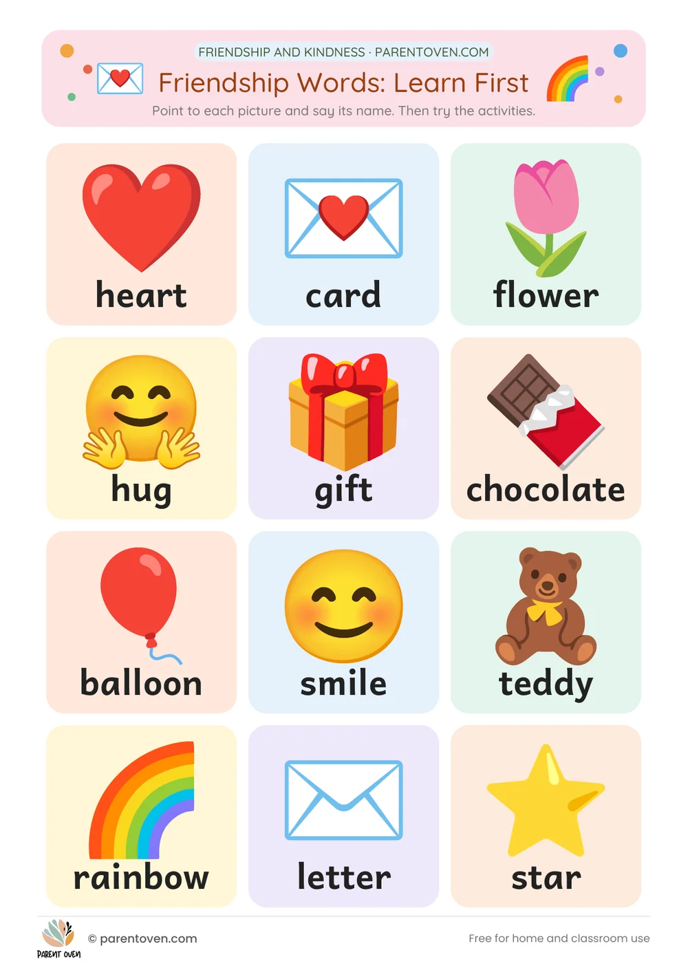 Printable Valentine’s Day worksheet: Friendship words and tracing