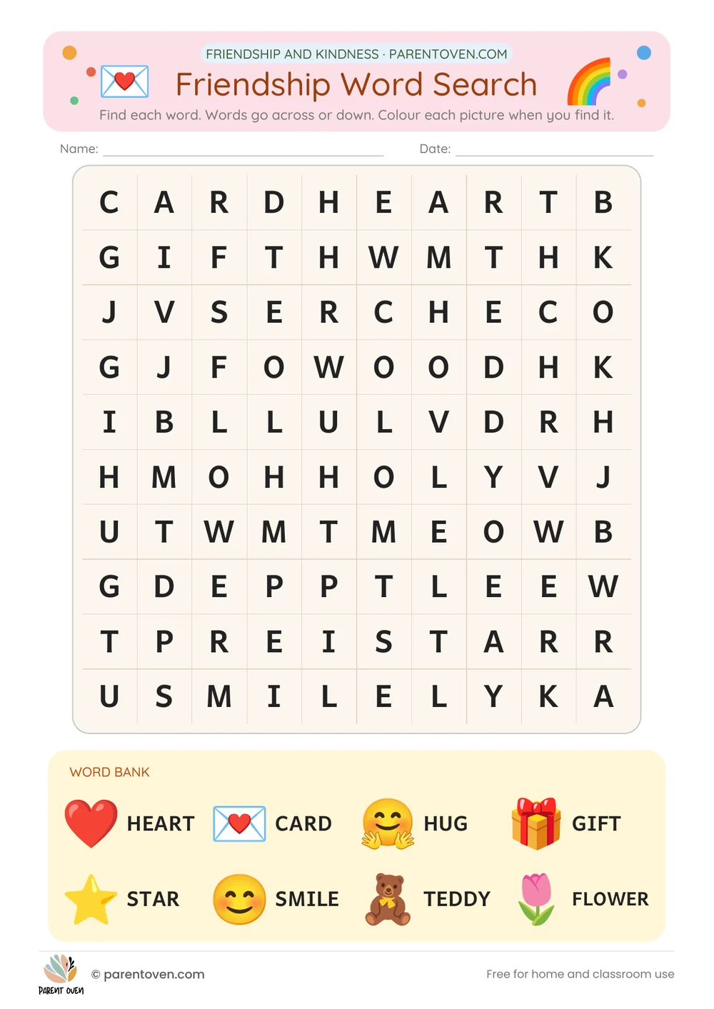 Printable Valentine’s Day worksheet: Friendship word search