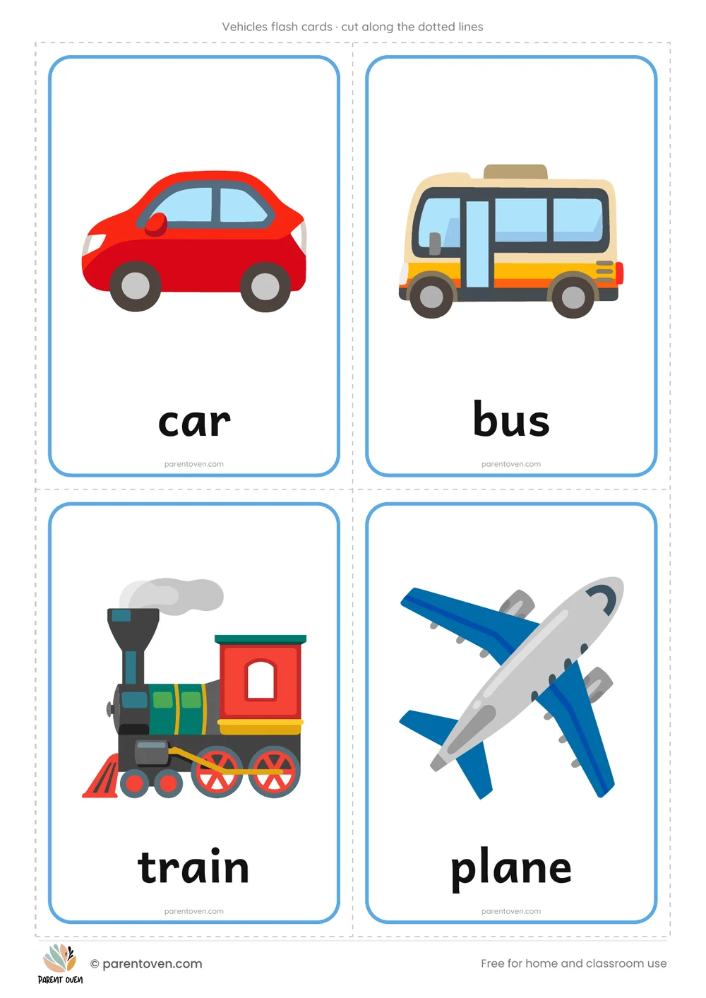 Vehicles flash cards: 4 cut-out cards per page